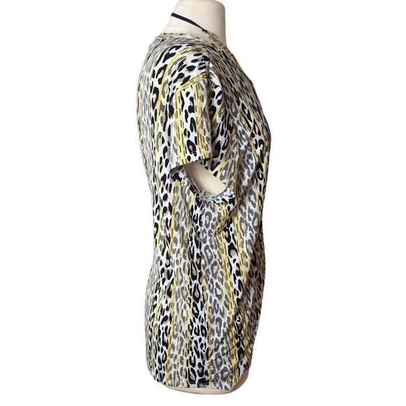 Dana Buchman XL Leopard Print Striped Short Sleeve Stretch Blouse Y2K Glam - Picture 2 of 6